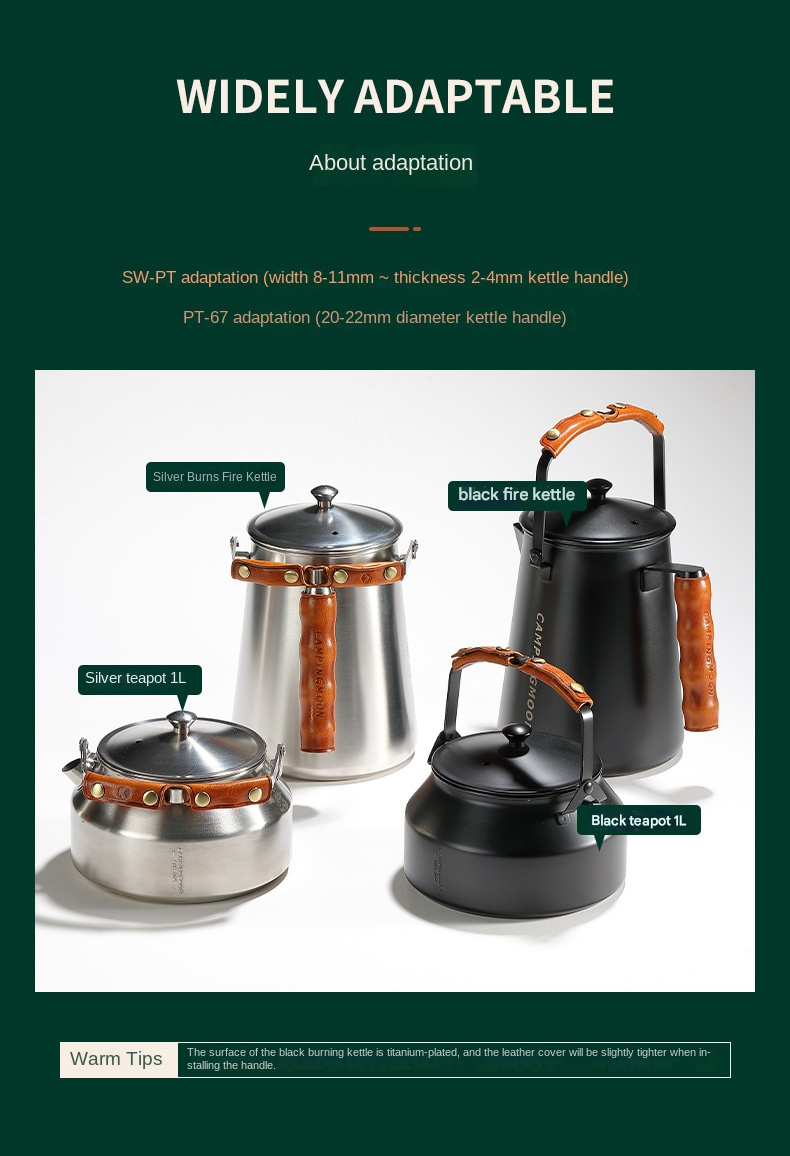 Campingmoon SW-PT / PT-67 Leather Sheath Cover Portable Lightweight Kettle Handle For Outdoor Camping Cookware Kettle Heat Resistant Anti-Scadling Handle Cover