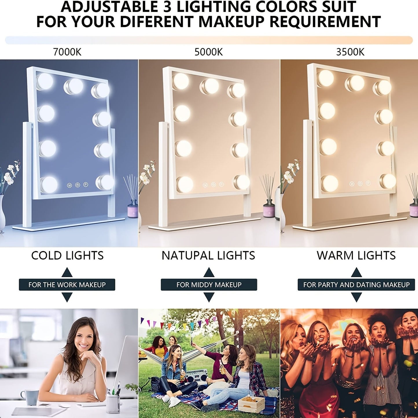 Hollywood Makeup Mirror with 3 Color Modes and 9 Adjustable LED Bulbs - XI2K