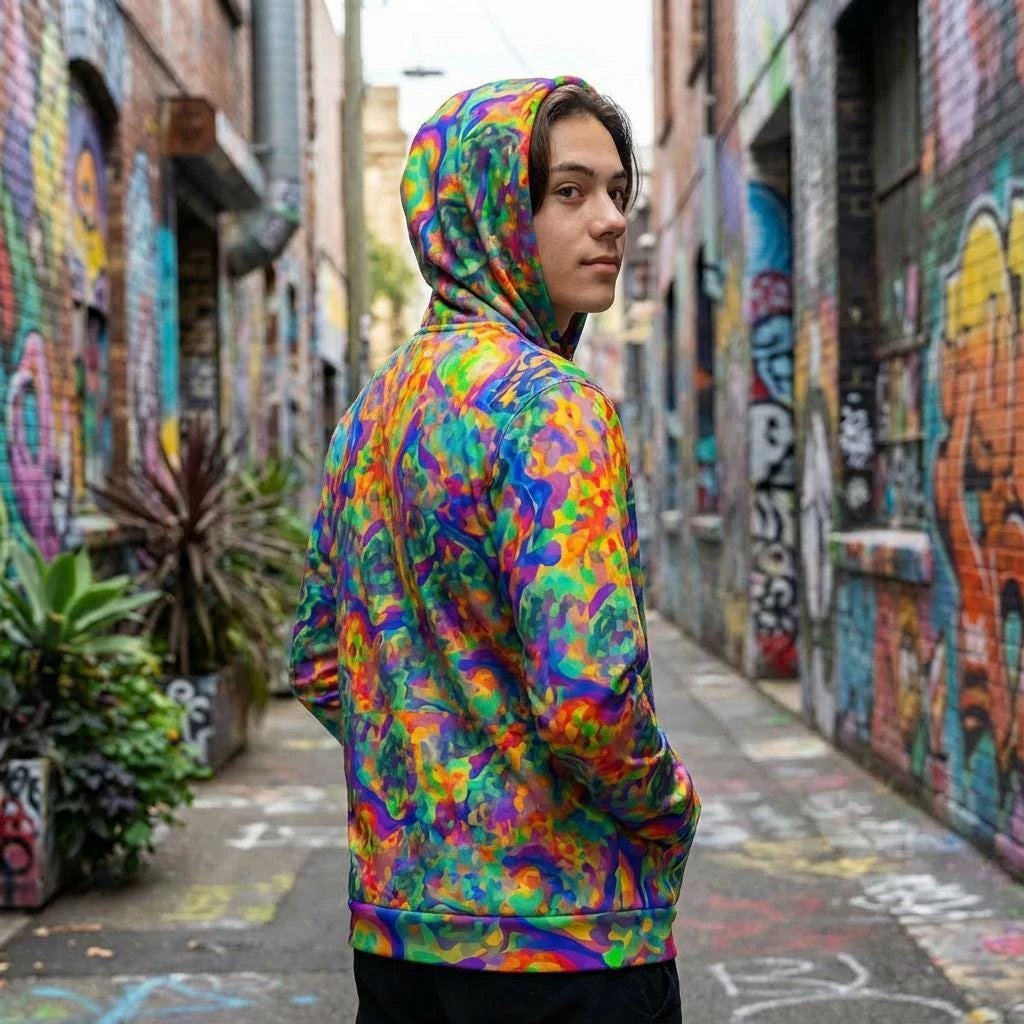 Iridescent Chameleon Color-Shift Hoodie for Rave and Techwear Dressers — Bio-Digital AOP Holographic Print, EDM Festival Burning Man Statement
