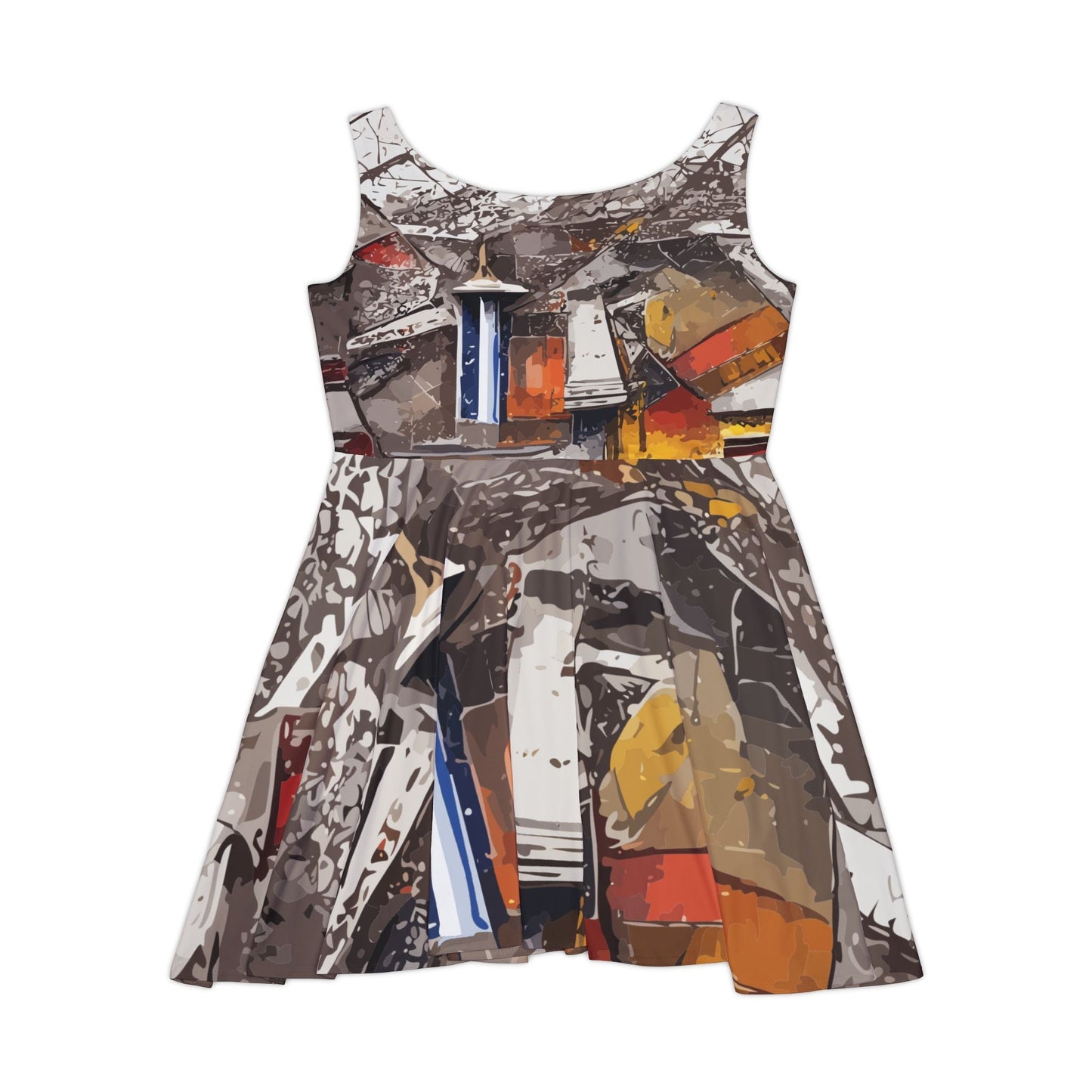 Torn Poster Street Collage Skater Dress — Black, White & Orange Mixed-Media AOP Flared Party Dress