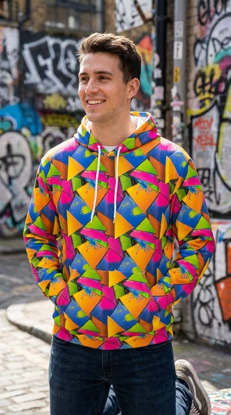 Vibrant Geometric Triangle Print Hoodie - Bold Maximalist Streetwear Pullover for Rave Style
