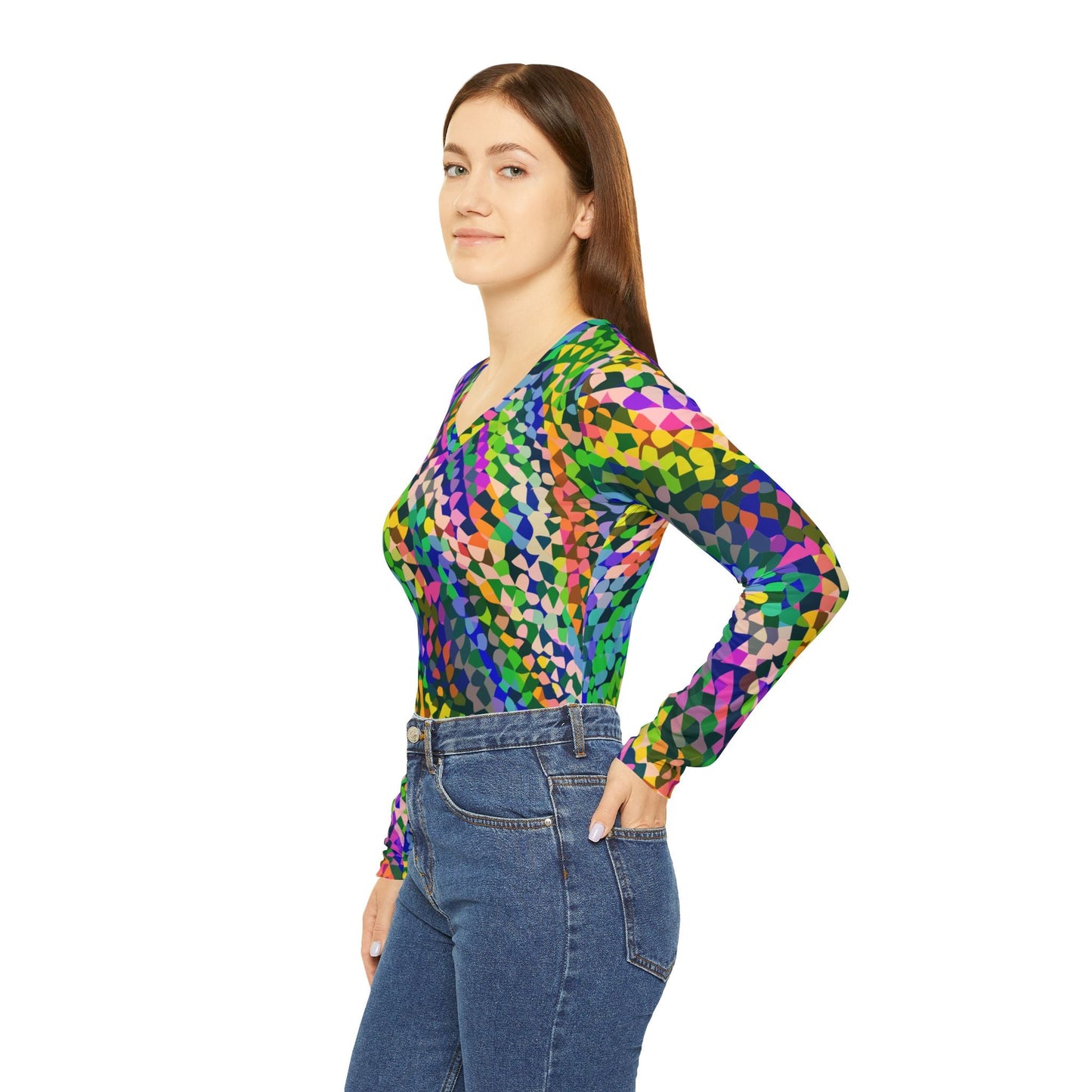 Vibrant AOP Long Sleeve V-Neck for Glow-Up Self-Expressers — Women's Bold Print Tee, Confidence-Led Statement Top, Everyday Maximalist Shirt