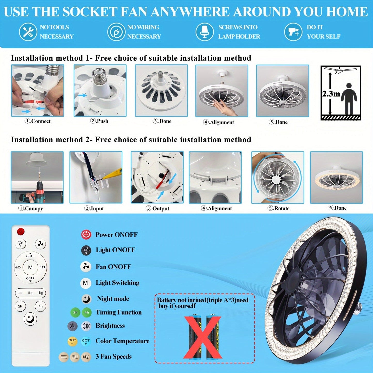 Ceiling Fan with Light & Remote, E26/E27 Base, 3 Speeds – TJR9T3W