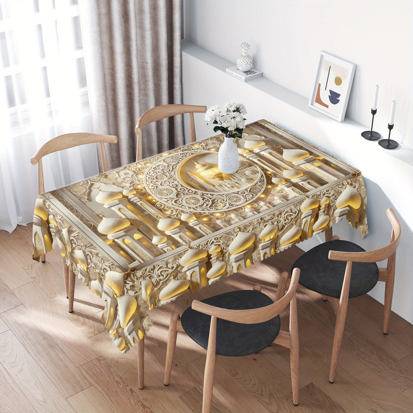 Elegant White Moon & Islamic Architecture Tablecloth TJR9M6D