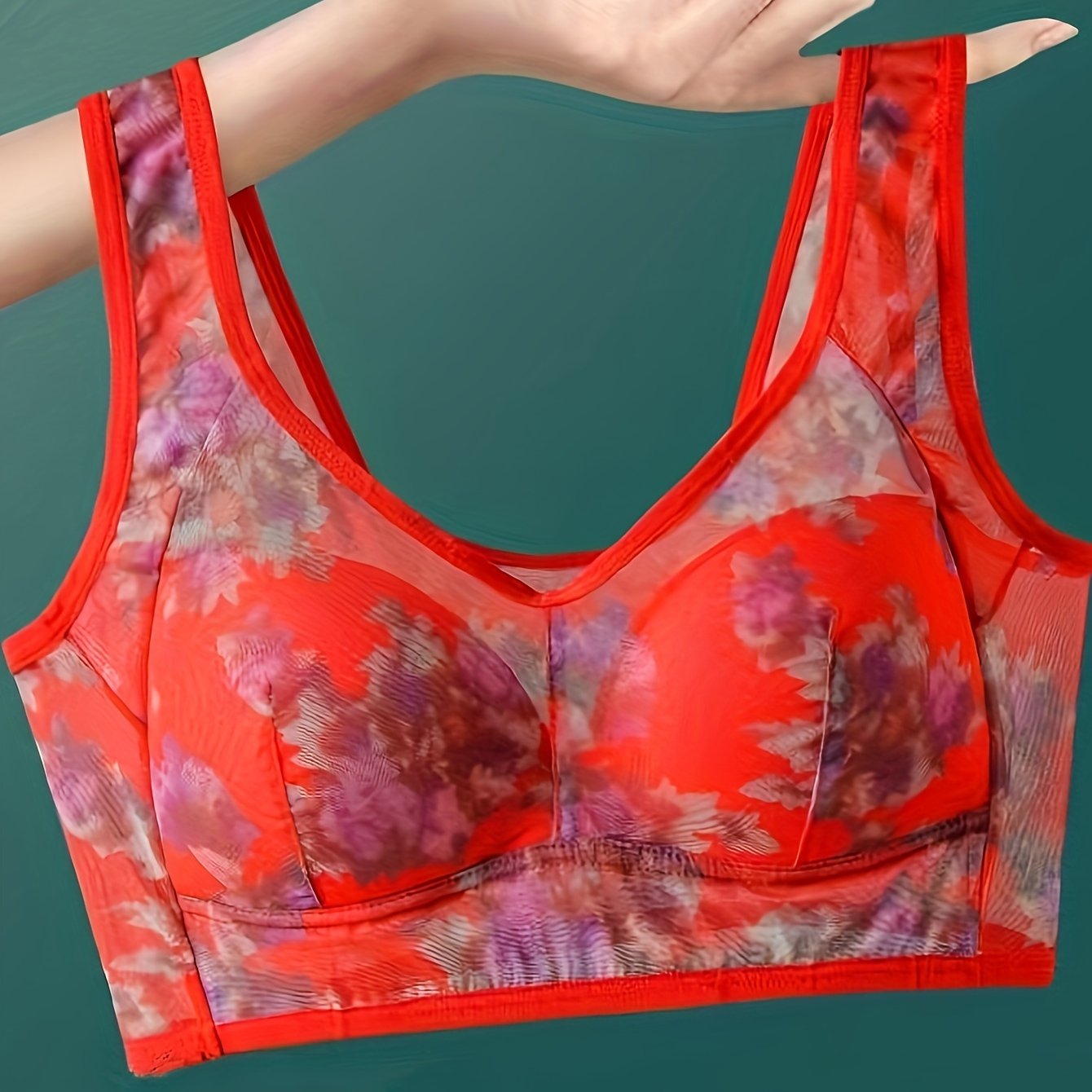 Elegant Floral Print Wireless Bralette, Sheer Back TJR3P9X