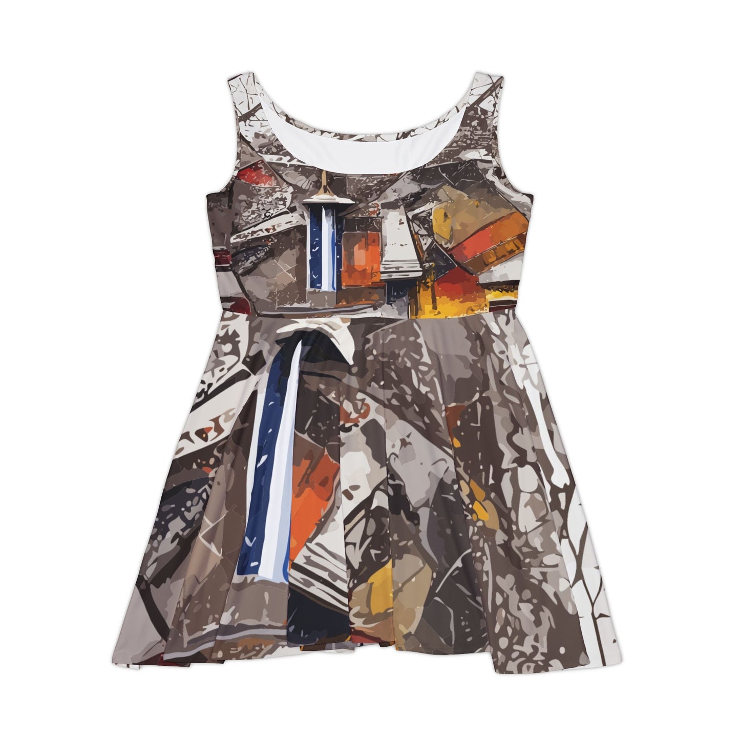Torn Poster Street Collage Skater Dress — Black, White & Orange Mixed-Media AOP Flared Party Dress