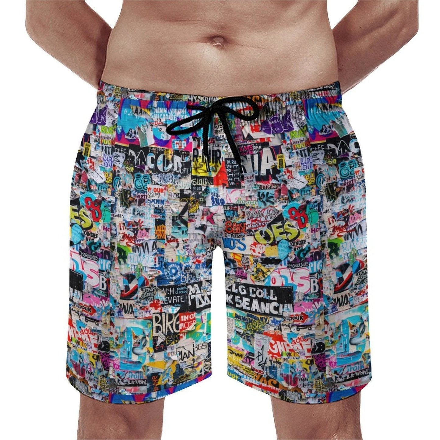 Sticker Bomb Board Shorts — Street Collage AOP Swim Trunks for Loud Beach Days