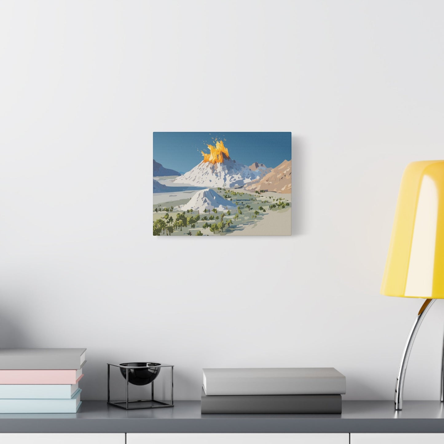 Tropical Volcano Eruption Canvas Wall Art | Stylized National-Park Vector Print on FSC-Certified Stretched Matte Canvas — Mystery Island Decor