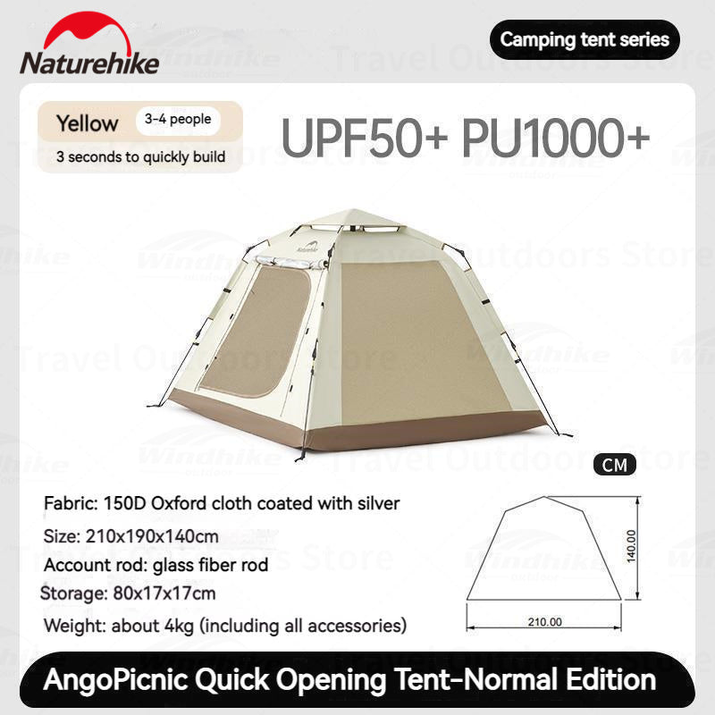 Naturehike ANGO 3 Picnic Quick Opening Tent 3-4 Persons Automatic Easy to Set Up Large Space Luxury Sunshade Family Camping Highly Durable Rainproof Canopy Tent