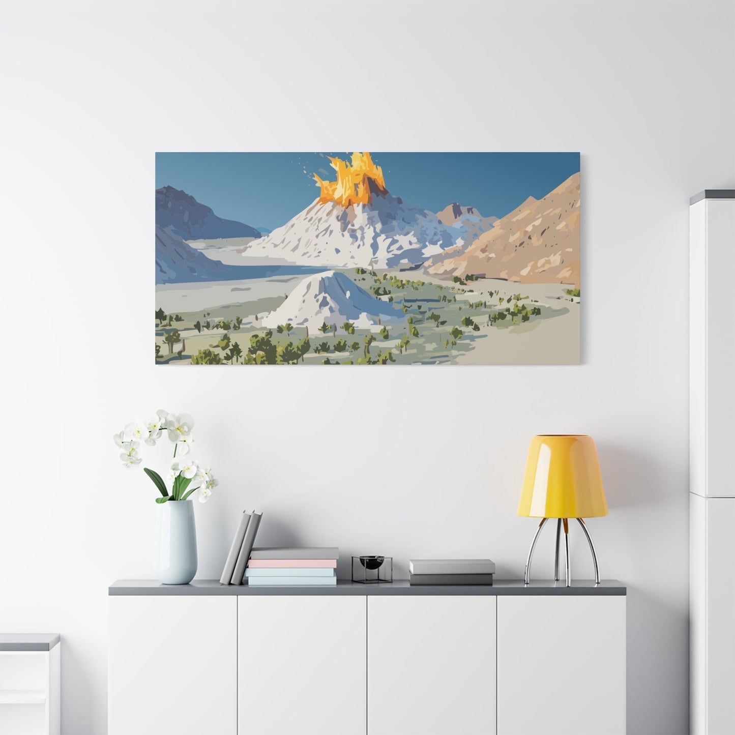 Tropical Volcano Eruption Canvas Wall Art | Stylized National-Park Vector Print on FSC-Certified Stretched Matte Canvas — Mystery Island Decor