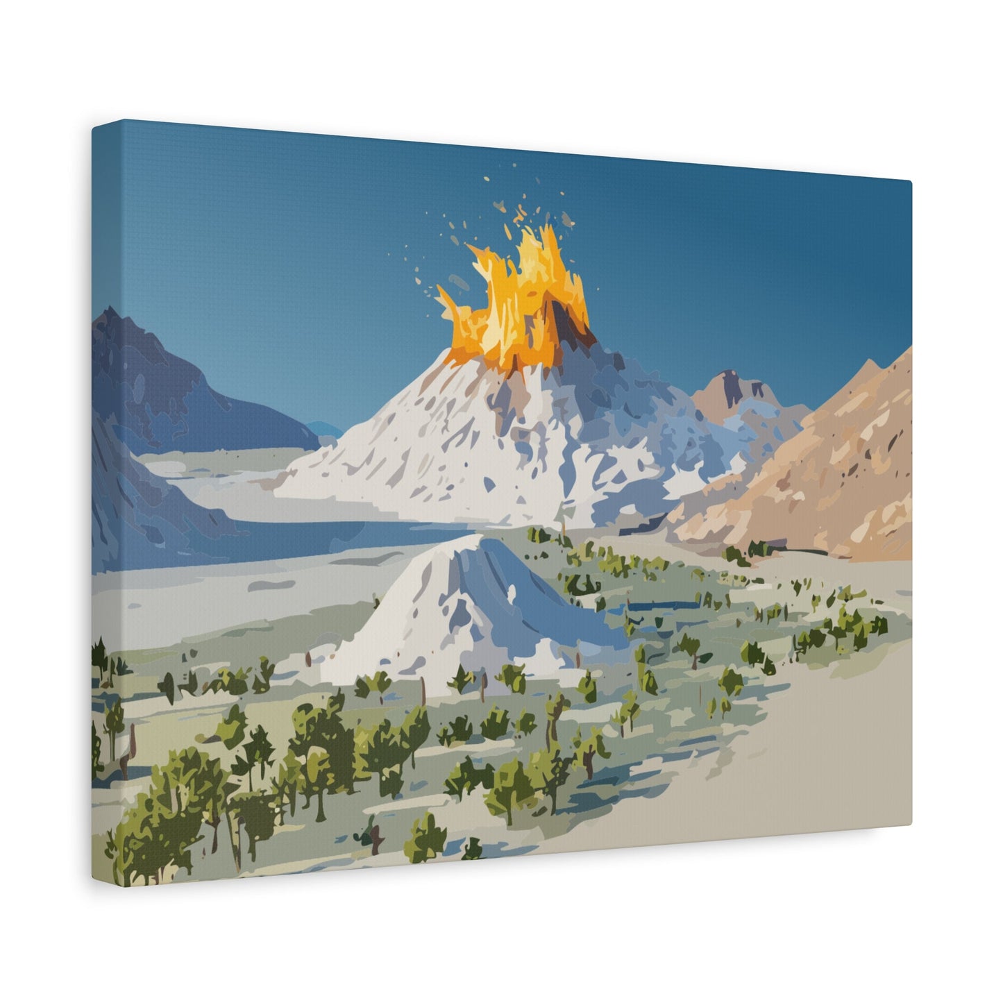 Tropical Volcano Eruption Canvas Wall Art | Stylized National-Park Vector Print on FSC-Certified Stretched Matte Canvas — Mystery Island Decor