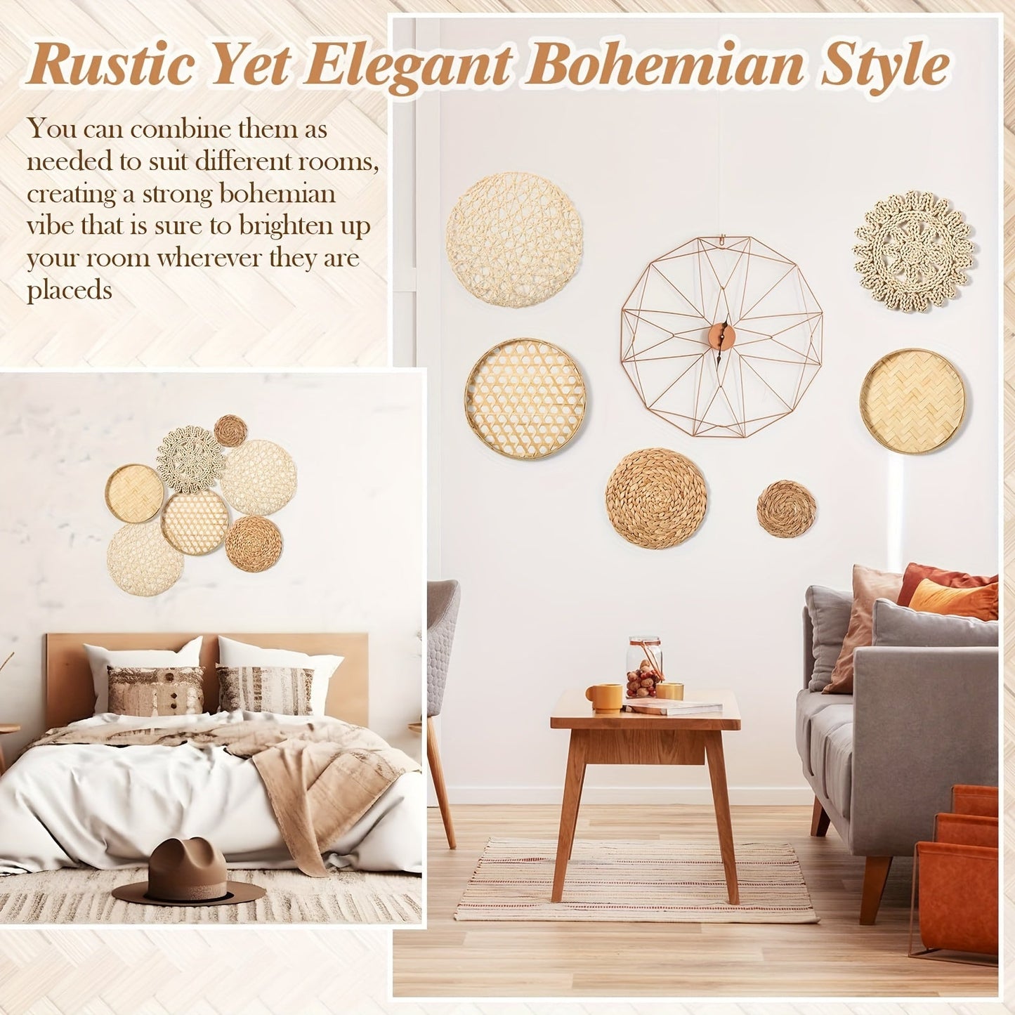 Boho Style 7-Piece Handmade Woven Seagrass Rattan Wall Decor - V2ML