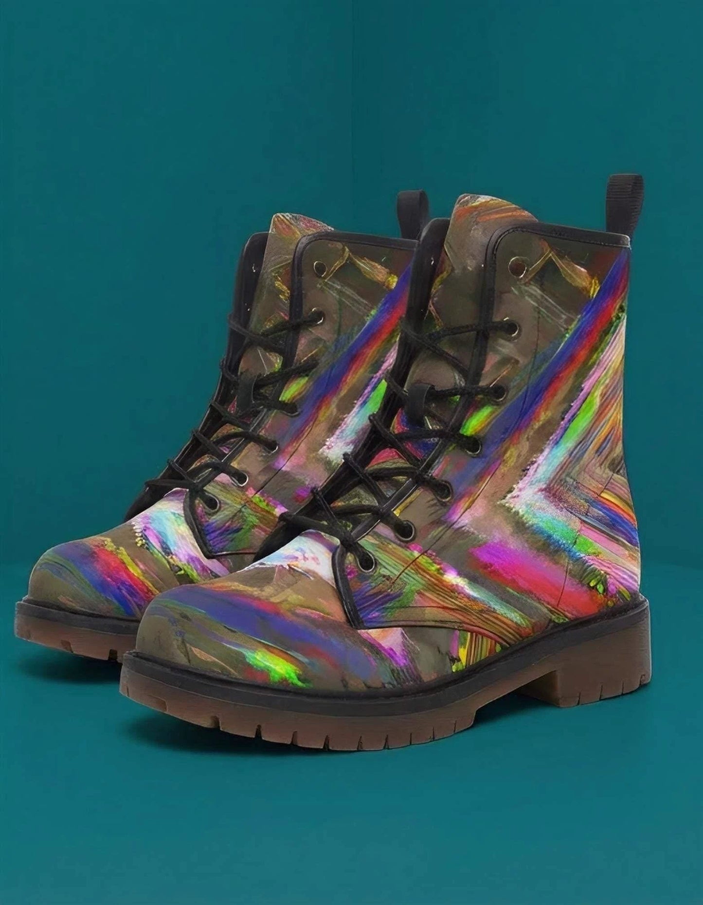 Trippy Goth Platform Combat Boots - Psychedelic Nightcore Alt-Fashion Footwear for Raves & Edgy Streetwear