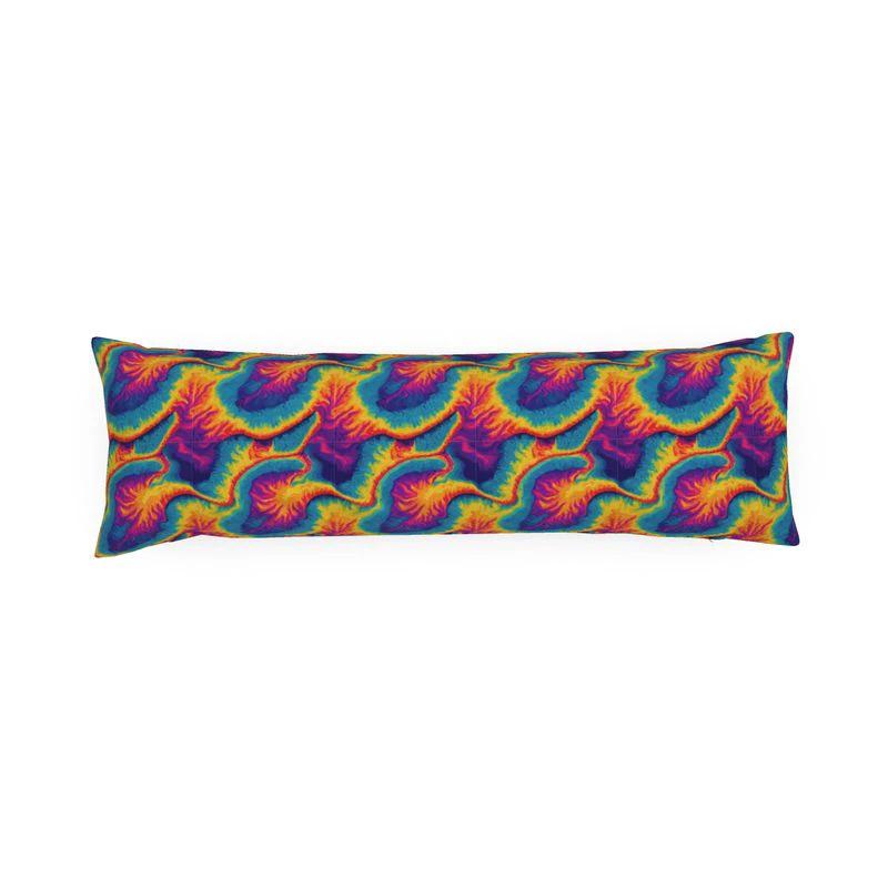 Solar Burst Tie-Dye AOP Bolster Pillow | Premium Handmade Long Cushion — Psychedelic Flame Pattern Maximalist Couch Decor for Statement Interiors