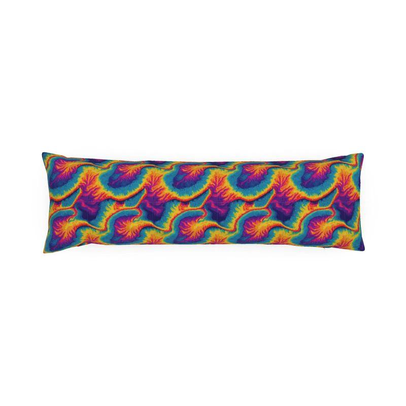 Solar Burst Tie-Dye AOP Bolster Pillow | Premium Handmade Long Cushion — Psychedelic Flame Pattern Maximalist Couch Decor for Statement Interiors