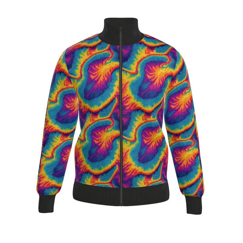 Spiral Overload Tracksuit Jacket — Rainbow Psychedelic Swirl AOP Sports Jersey, Retro Rave Warm-Up Layer