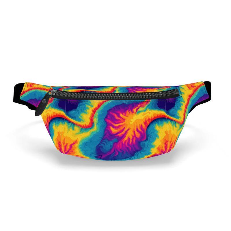 Rainbow Melt Tie-Dye Fanny Pack — Psychedelic Swirl Print on Handmade Nappa Leather, Festival Waist Bag