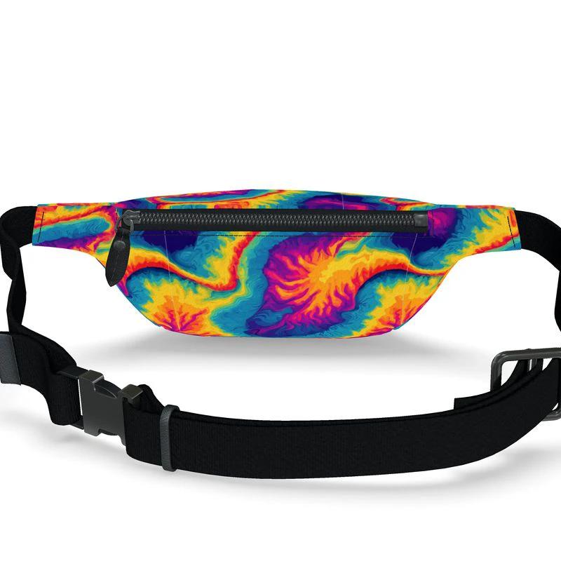 Rainbow Melt Tie-Dye Fanny Pack — Psychedelic Swirl Print on Handmade Nappa Leather, Festival Waist Bag