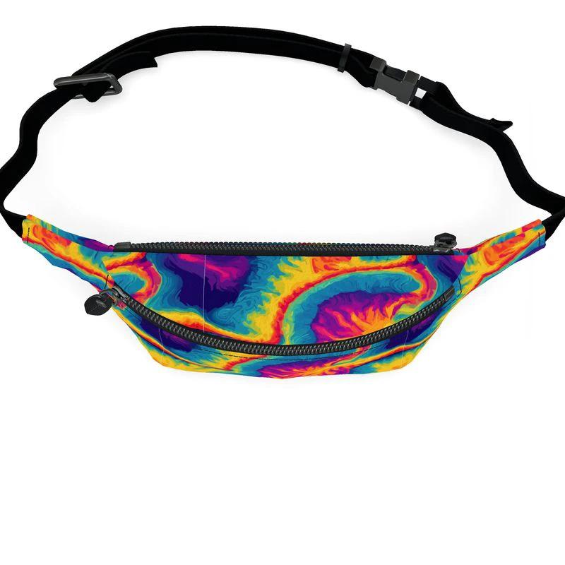 Rainbow Melt Tie-Dye Fanny Pack — Psychedelic Swirl Print on Handmade Nappa Leather, Festival Waist Bag