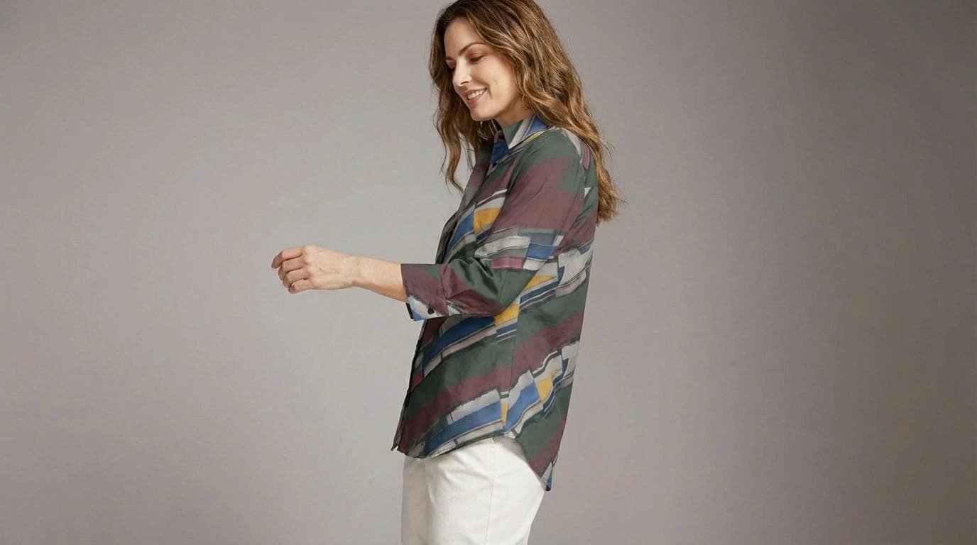 Modern Abstract Geometric Brushstroke Blouse for Earthy Jewel Tone Dressers — Dyles Mavis AOP Acid Marble Top, Chaos-Core Liquid Stretch Fashion