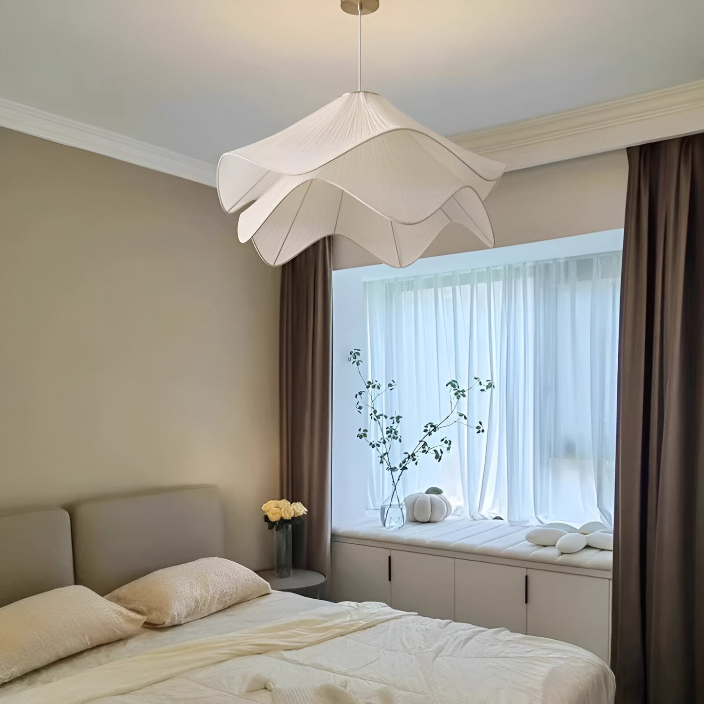 White Japandi Fabric pendant lights LED Light With Wavy Shade
