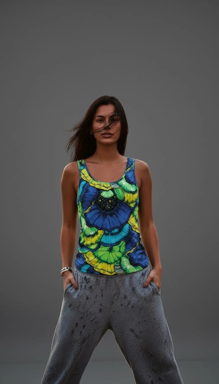 Botanical Indigo Floral AOP Tank Top | Blue-Green Sleeveless Quick-Dry Sublimation Shirt — Wearable Garden for Nature-Forward Festival