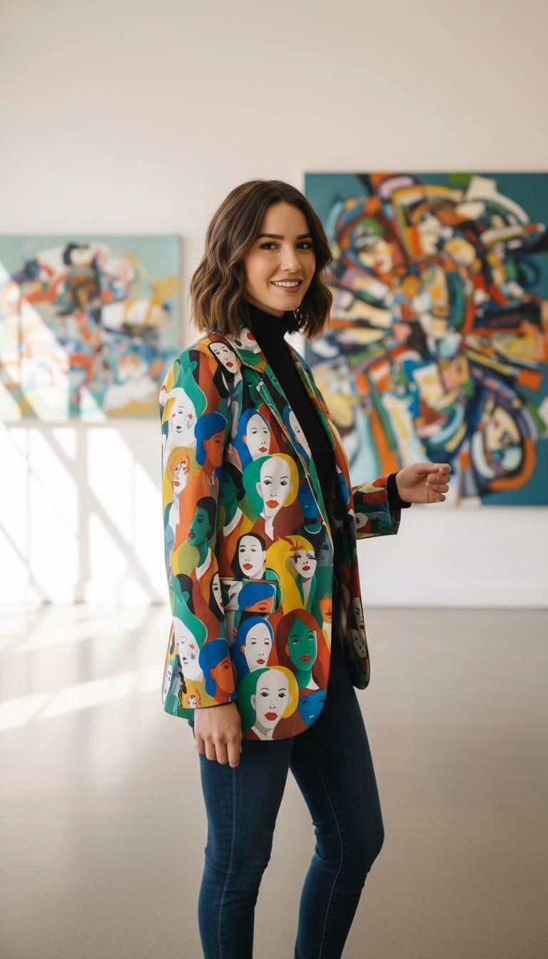 Urban Crowd Faces Designer Blazer - Bold All-Over Print Cotton Suit Jacket for Creatives
