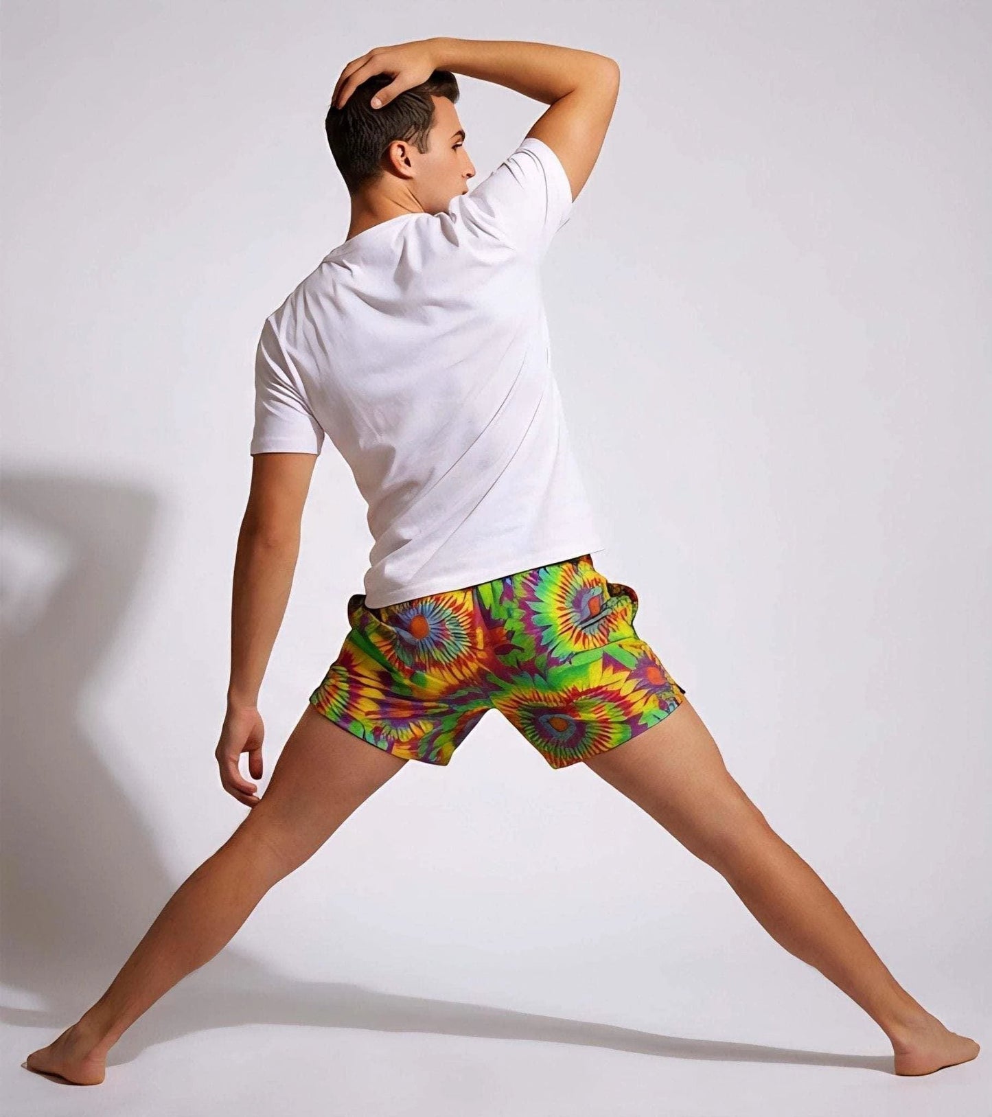 Neon Radial Burst Athletic Shorts for Rave Fitness and Yoga Dressers — Vibrant Psychedelic AOP Swim Trunks, Bold Festival Pool Party Bottoms