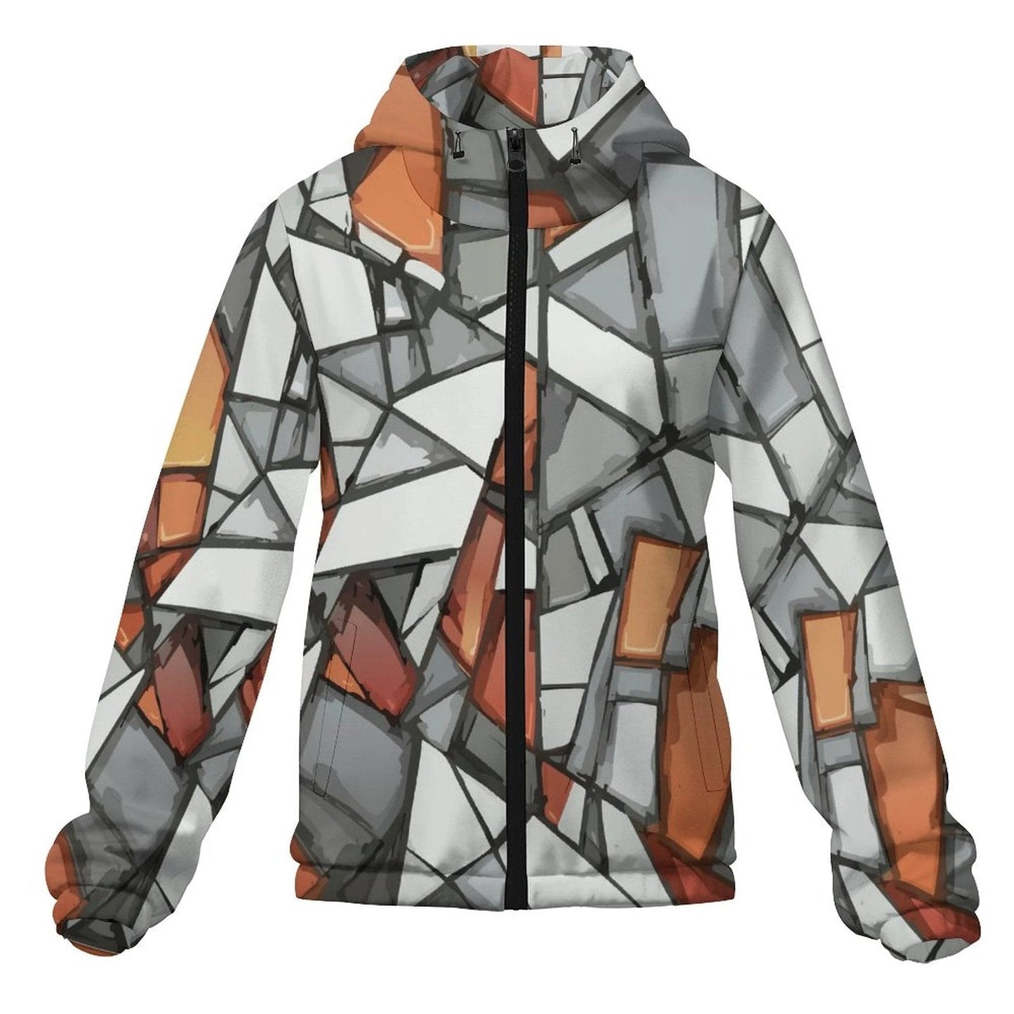 Shattered Mosaic Hooded Trench Coat — Stone & Amber Stained-Glass AOP Short Rain Layer for Urban Rebels