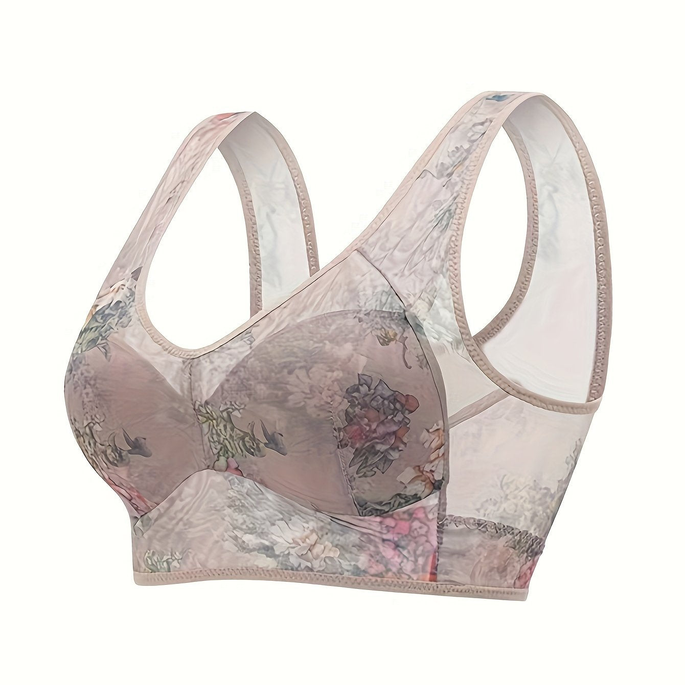 Elegant Floral Print Wireless Bralette, Sheer Back TJR3P9X