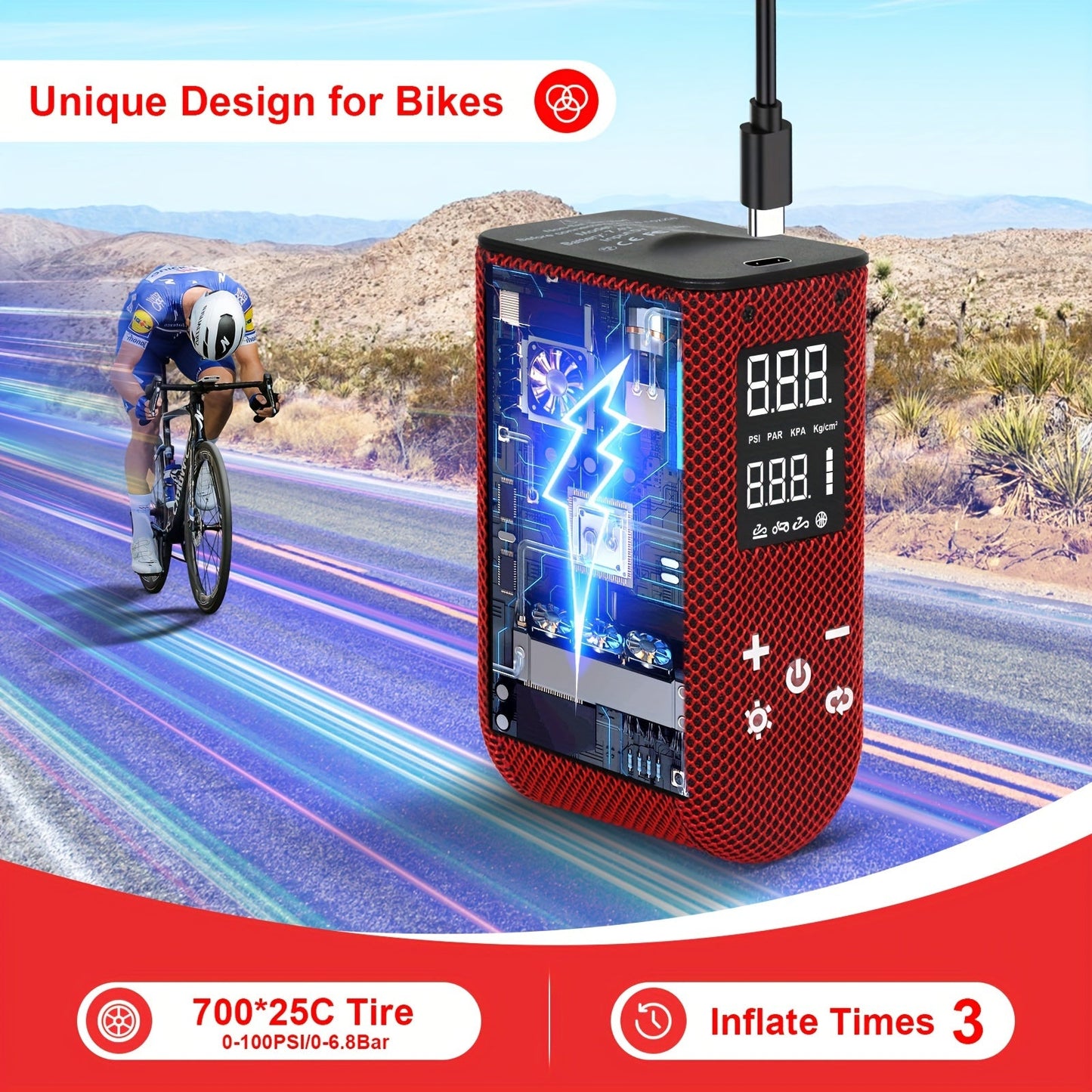 QCHMM Mini Electric Bicycle Pump, Digital LCD Pressure Gauge TJR3S9A