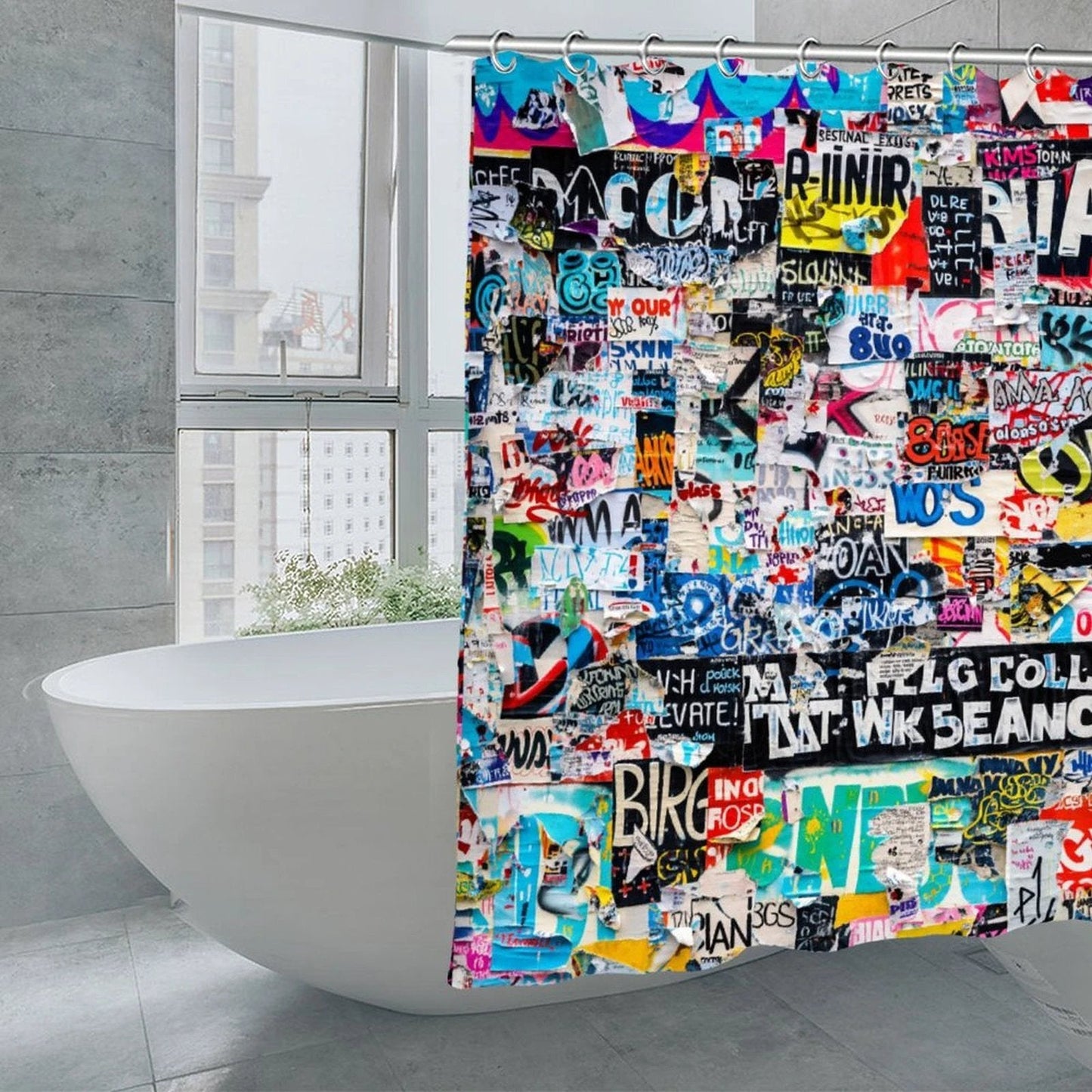 Sticker Bomb Shower Curtain — Waterproof Graffiti Collage AOP Bathroom Statement, Dopamine Decor