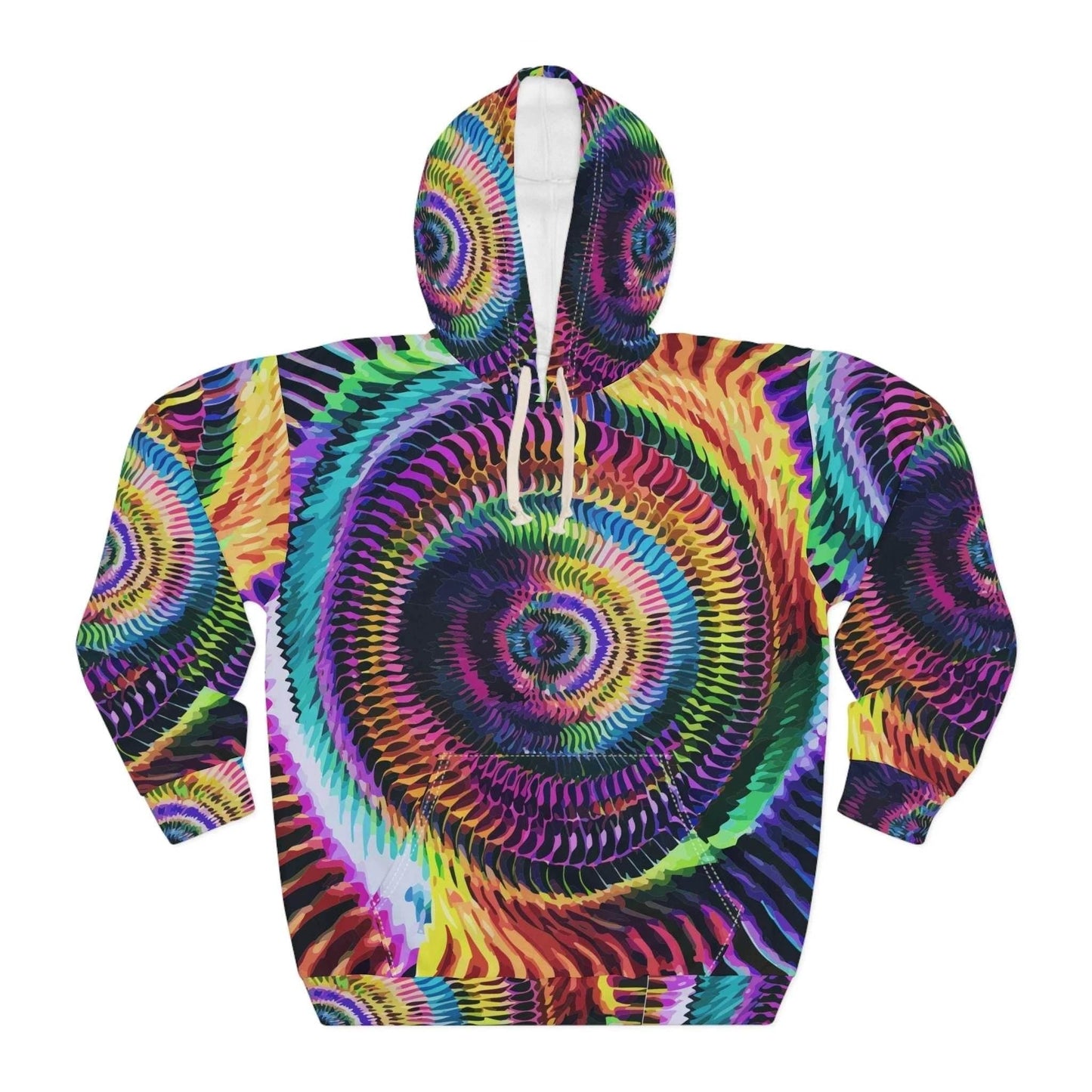 Ocular Opulence Spiral Kaleidoscope Hoodie for Rave and Psytrance Dressers — Trippy 3D Geometric AOP Pullover, Mind-Bending Vivid Spiral Print