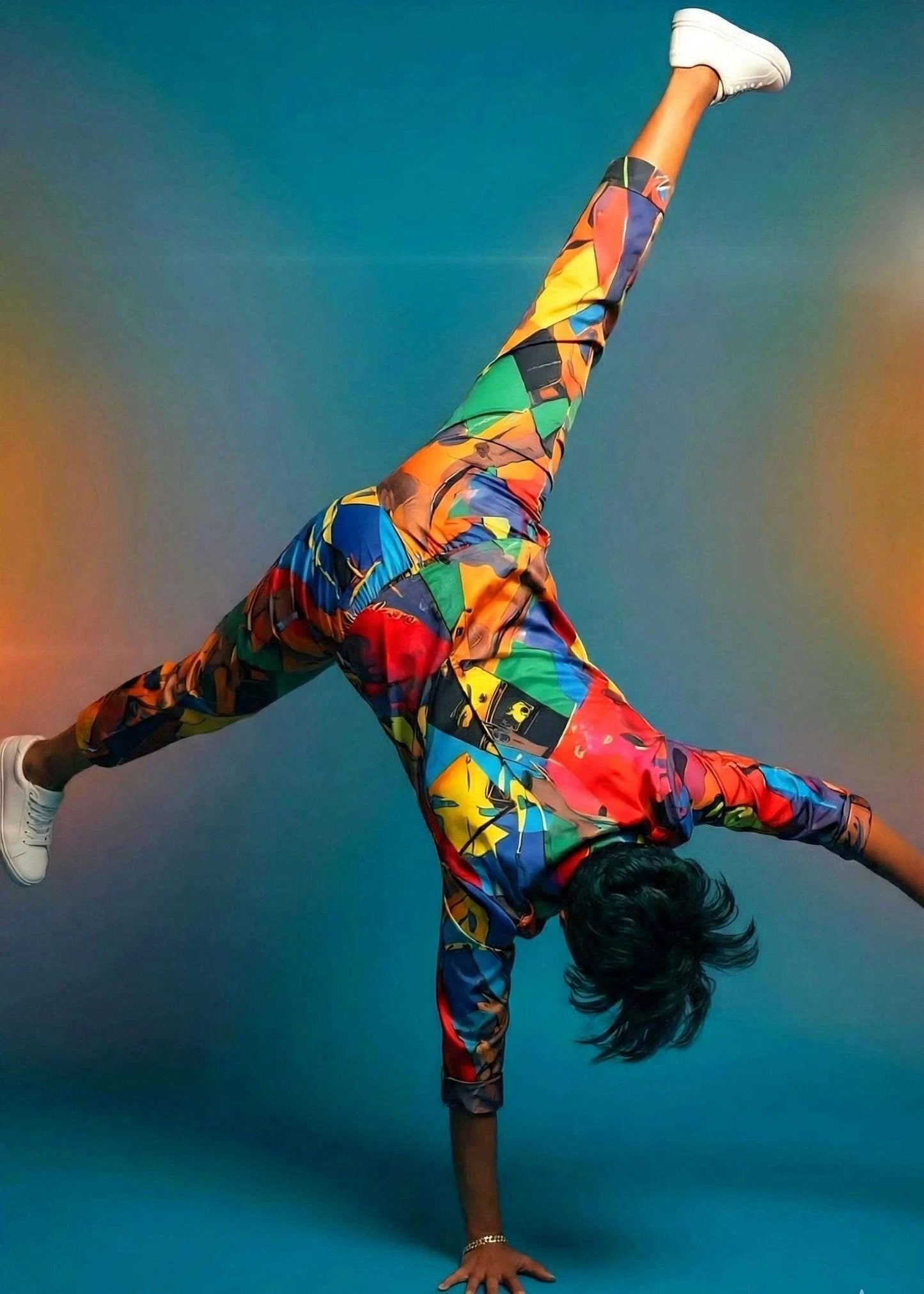 Vibrant Abstract Satin Pajama Set - Luxury All-Over Print Loungewear for Bold Sleepwear