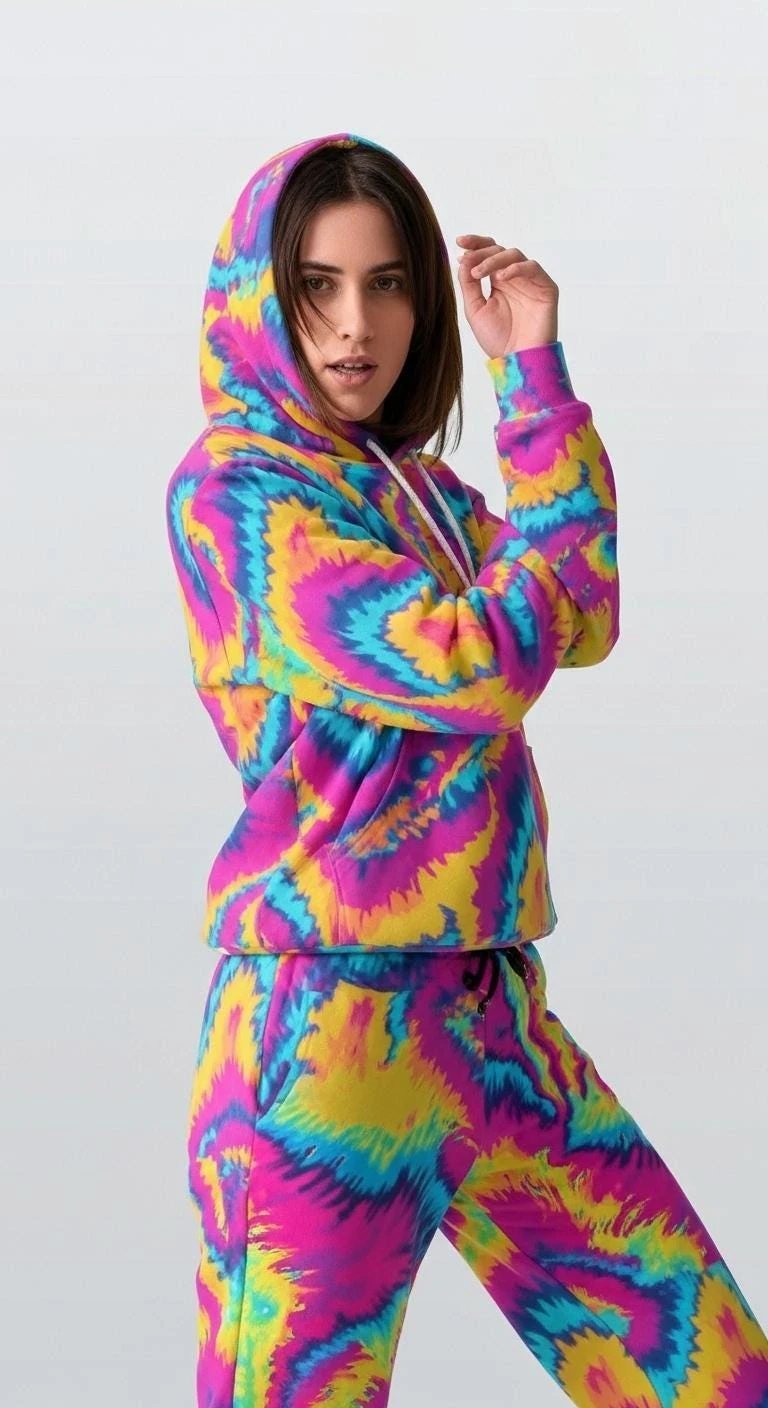 Magnetic Sea AOP Thicken Fleece Pullover Hoodie — Dyles Mavis Bold Rainbow Spiral, Boundless Bleeds Festival Streetwear