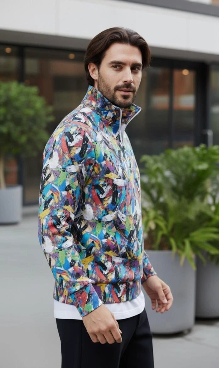 Digital Impasto Paint Stroke Half-Zip for Fine Artists and Curators — 310gsm 100% Cotton Premium Pullover, Stand-Up Collar Art Statement