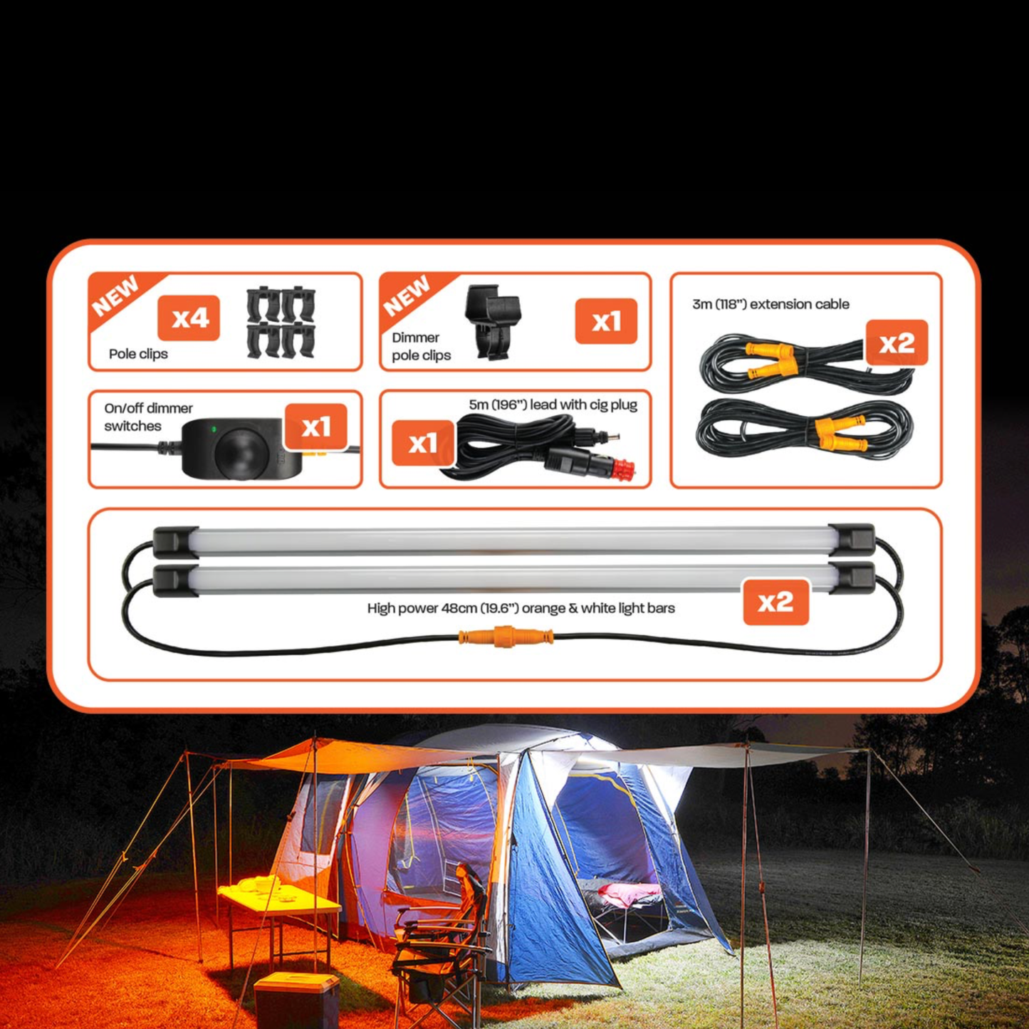 Hard Korr 2 Bar Orange/White LED Camping Light Kit With Diffusers