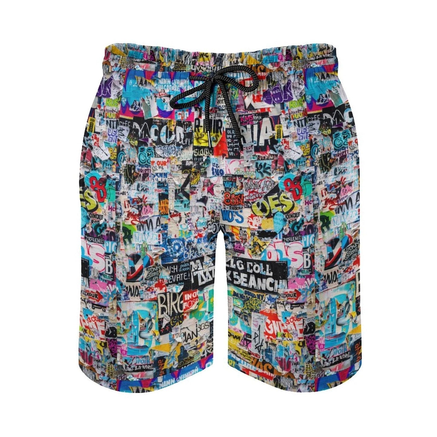 Sticker Bomb Board Shorts — Street Collage AOP Swim Trunks for Loud Beach Days