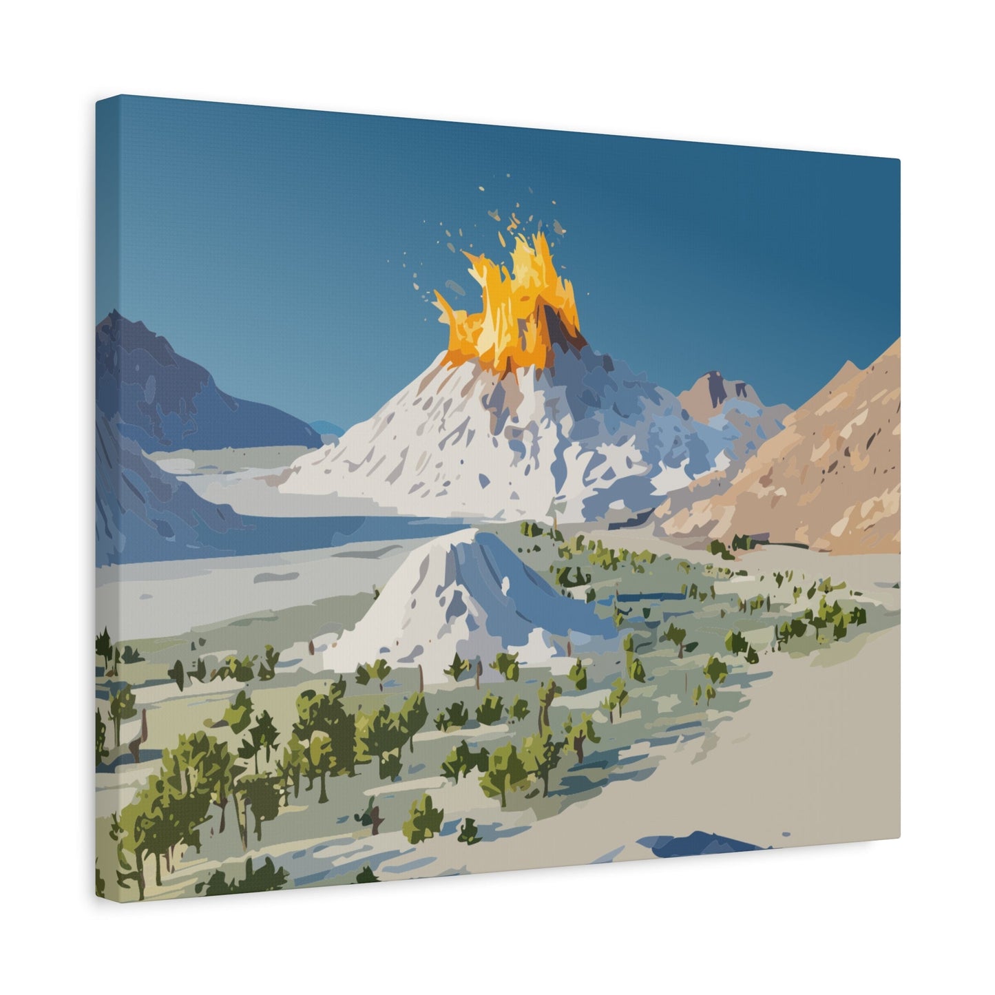 Tropical Volcano Eruption Canvas Wall Art | Stylized National-Park Vector Print on FSC-Certified Stretched Matte Canvas — Mystery Island Decor