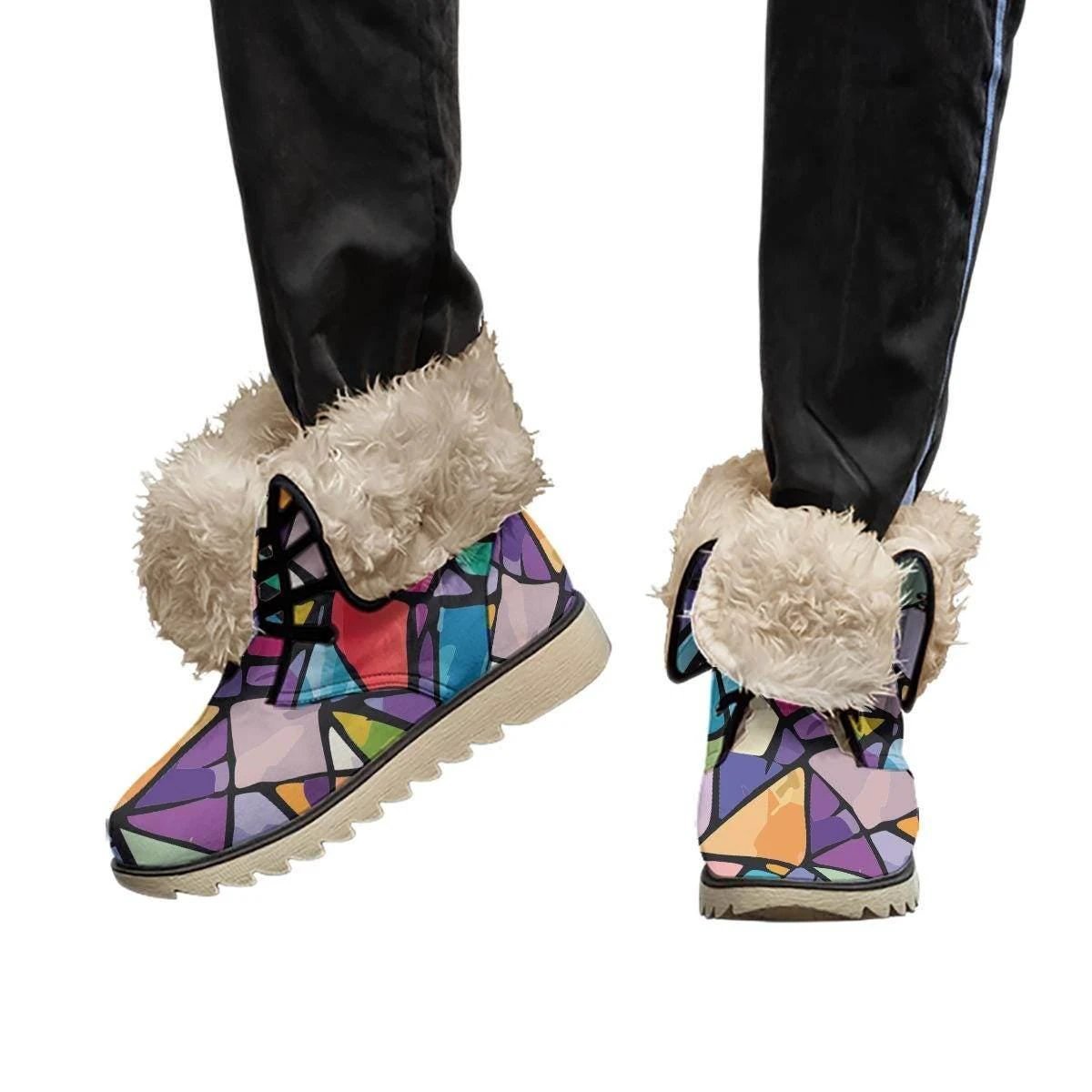Geometric Prism AOP Winter Boots for Artistic Style Collectors — Warm Velvet-Lined Non-Slip Women's Footwear, Bold Pattern Statement Shoes
