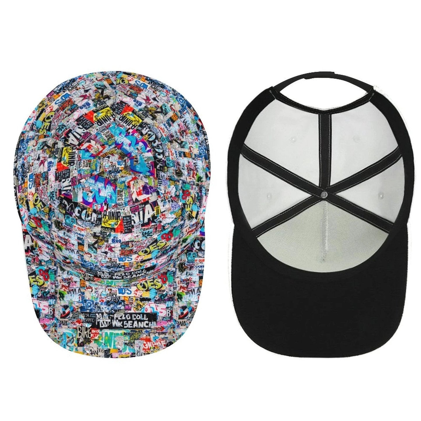 StreetsmART Sticker Bomb AOP Bent Brim Snapback Cap | Urban Collage Print 6-Panel Curved Brim Streetwear Hat for Skate, Festival & Alt-Fashion