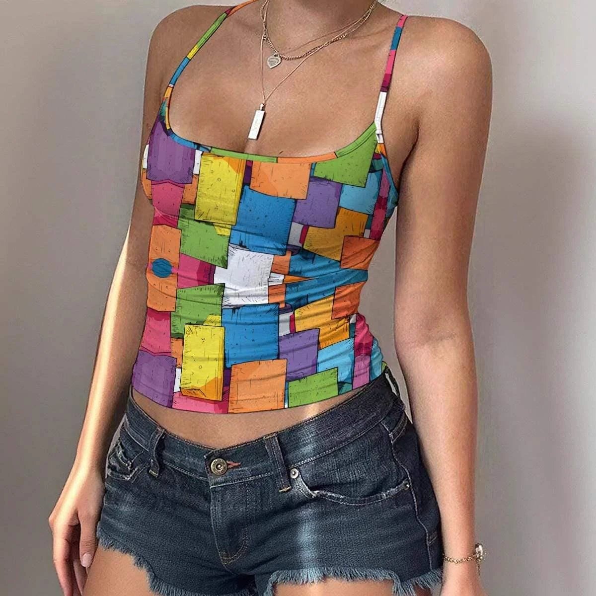Geometric Color Block Spaghetti Strap Vest for Chic Self-Expressers — Bold AOP Women's Tank, Modern Art-Pattern Sleeveless