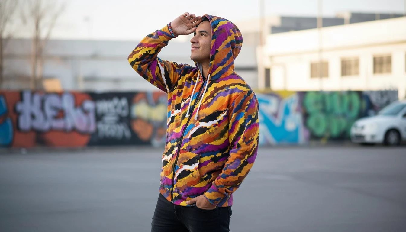 Crisp Burn Painted Strata Zip Hoodie for Desert Rave Dressers — Sunset Wave AOP Brushed Fleece, Burnt Amber Magenta Electric Blue
