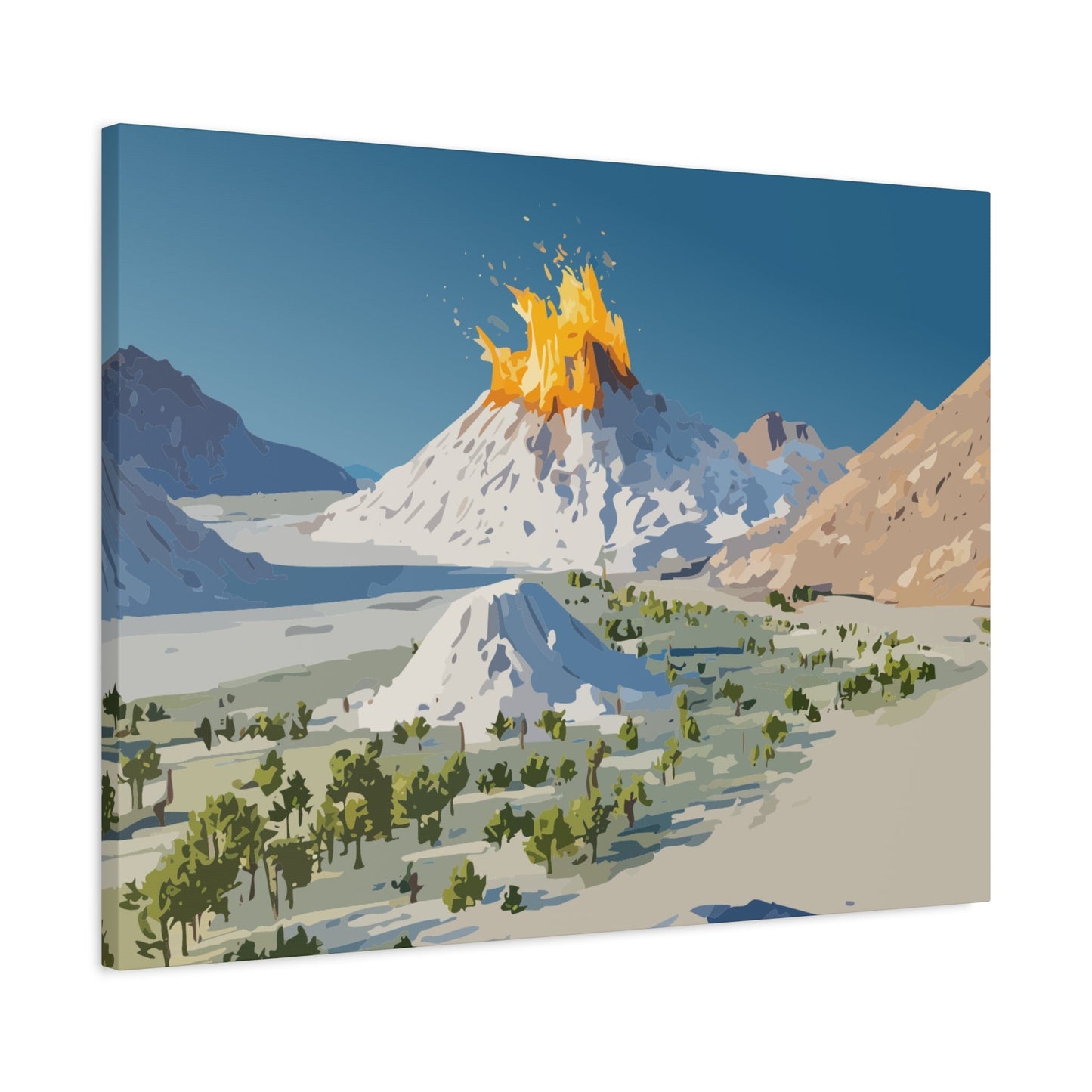 Tropical Volcano Eruption Canvas Wall Art | Stylized National-Park Vector Print on FSC-Certified Stretched Matte Canvas — Mystery Island Decor