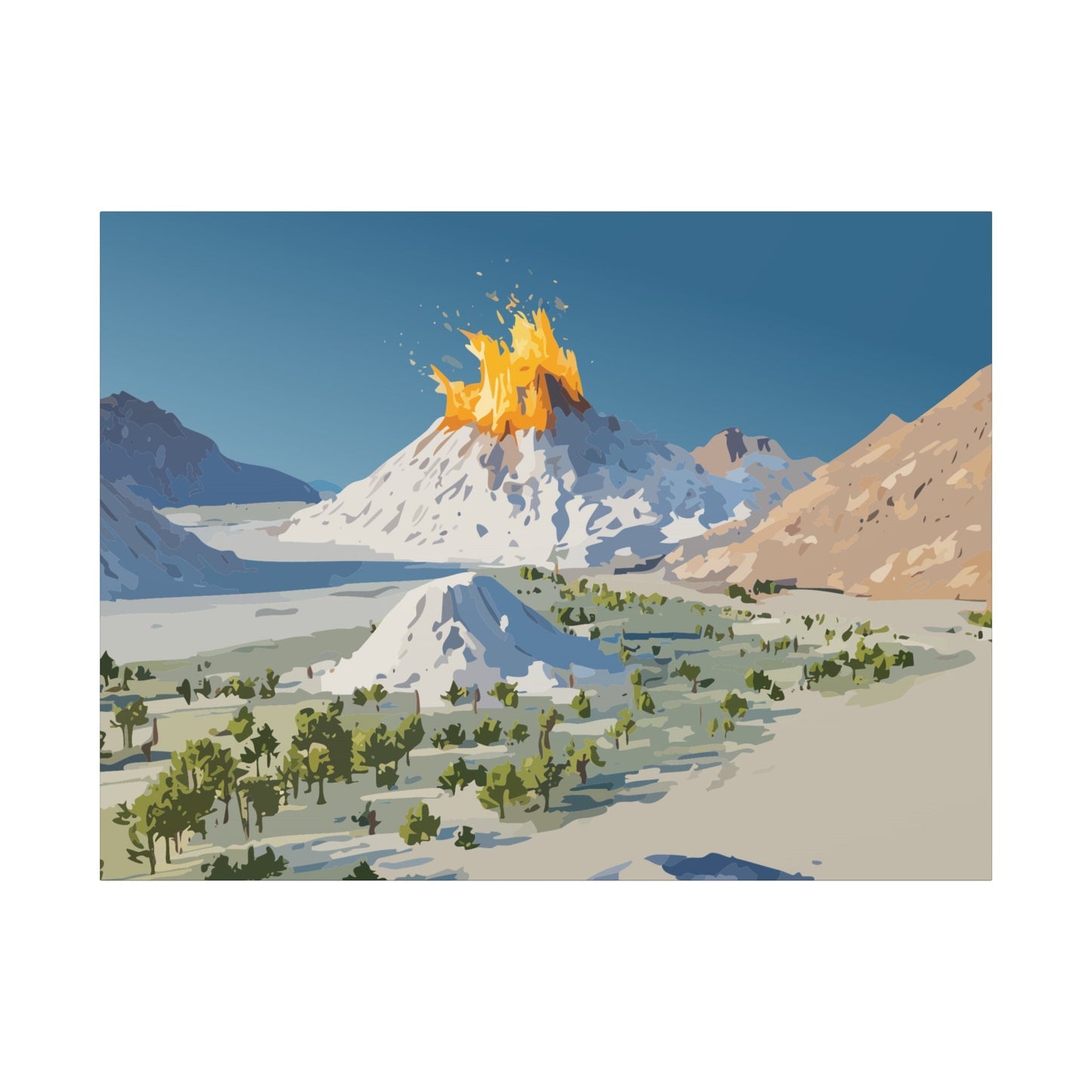 Tropical Volcano Eruption Canvas Wall Art | Stylized National-Park Vector Print on FSC-Certified Stretched Matte Canvas — Mystery Island Decor