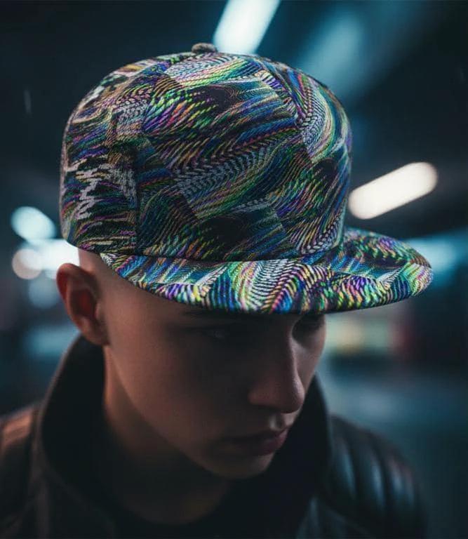 Main Character Flat Brim for Streetwear Collectors — Fractal Art AOP Snapback, Psychedelic Festival Cap, Alt Fashion Headwear, Moss Teal Ochre Print