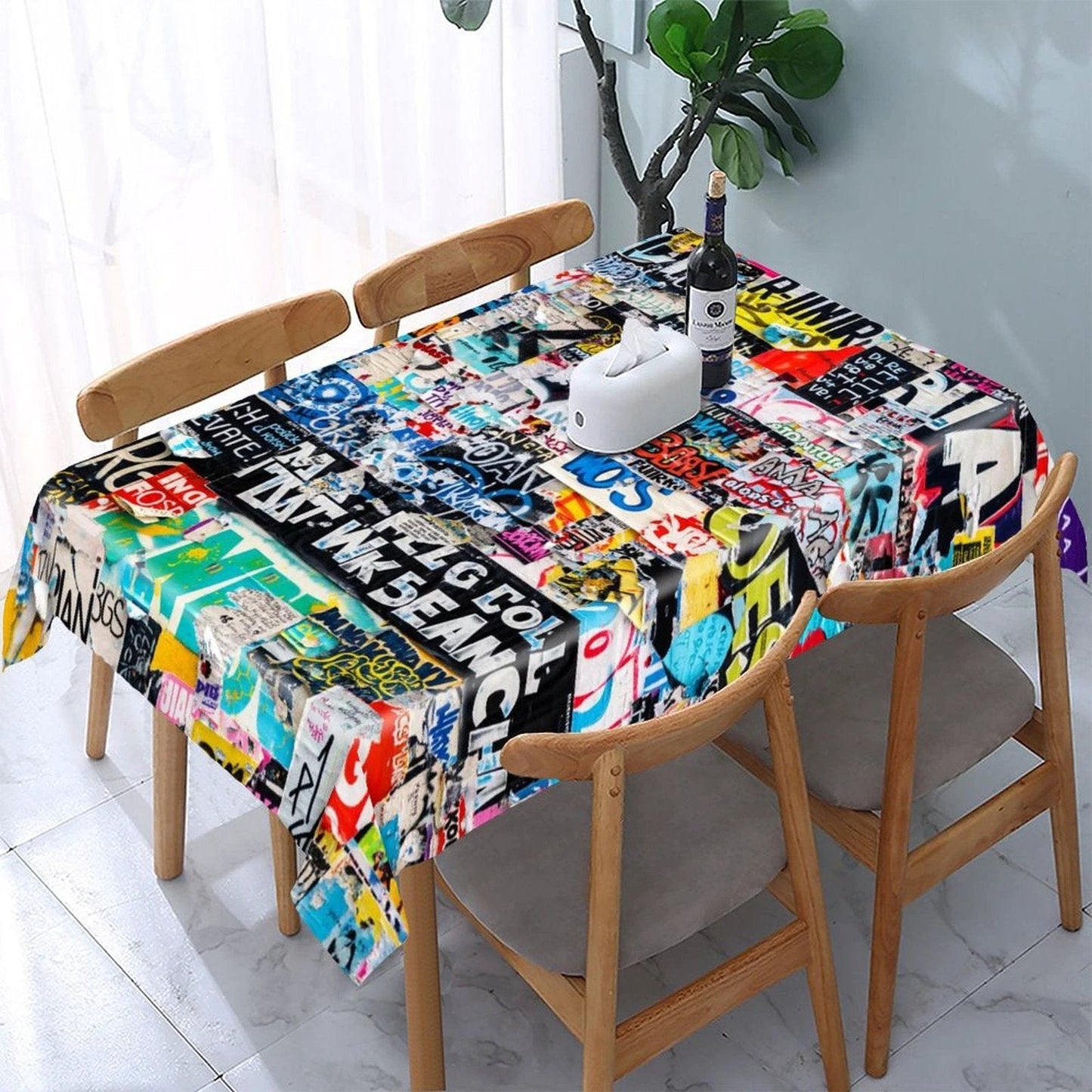 Graffiti Newsprint Tablecloth — Black & White Street-Tag AOP Rectangular Table Cover, Dopamine Dining