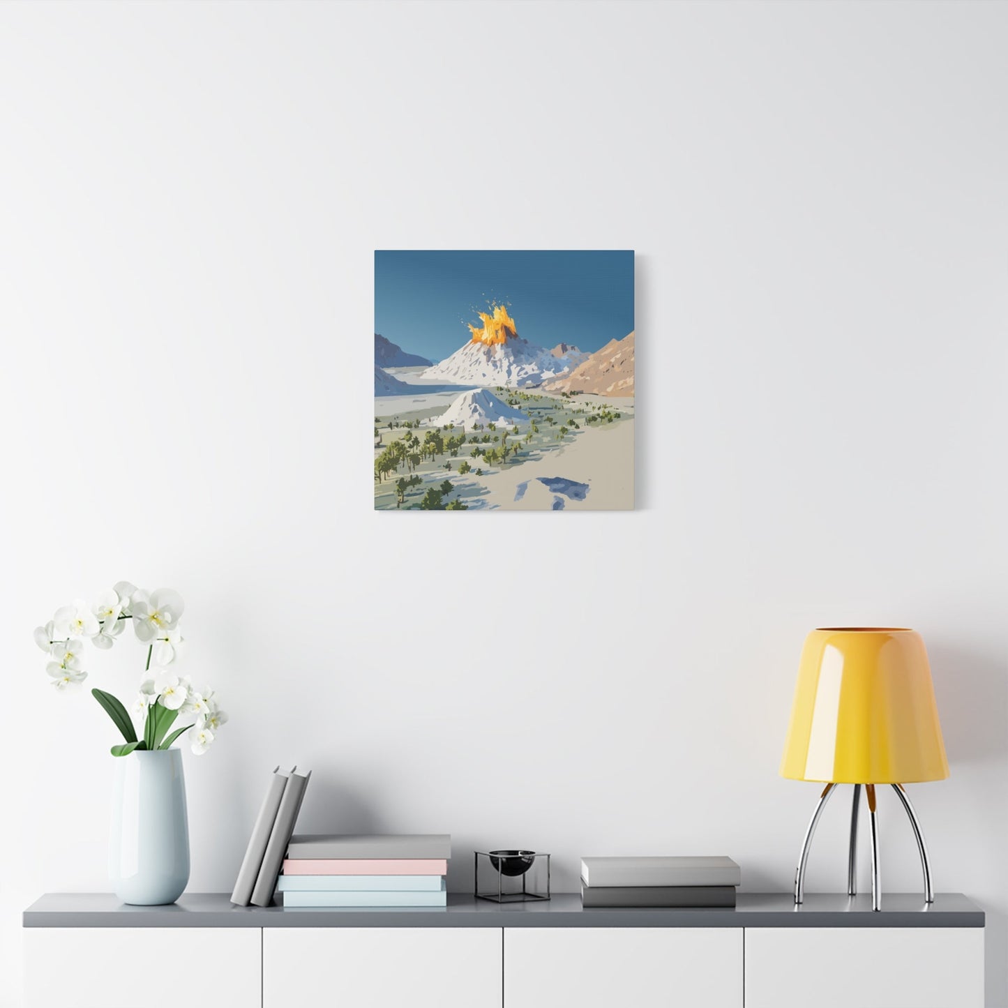 Tropical Volcano Eruption Canvas Wall Art | Stylized National-Park Vector Print on FSC-Certified Stretched Matte Canvas — Mystery Island Decor