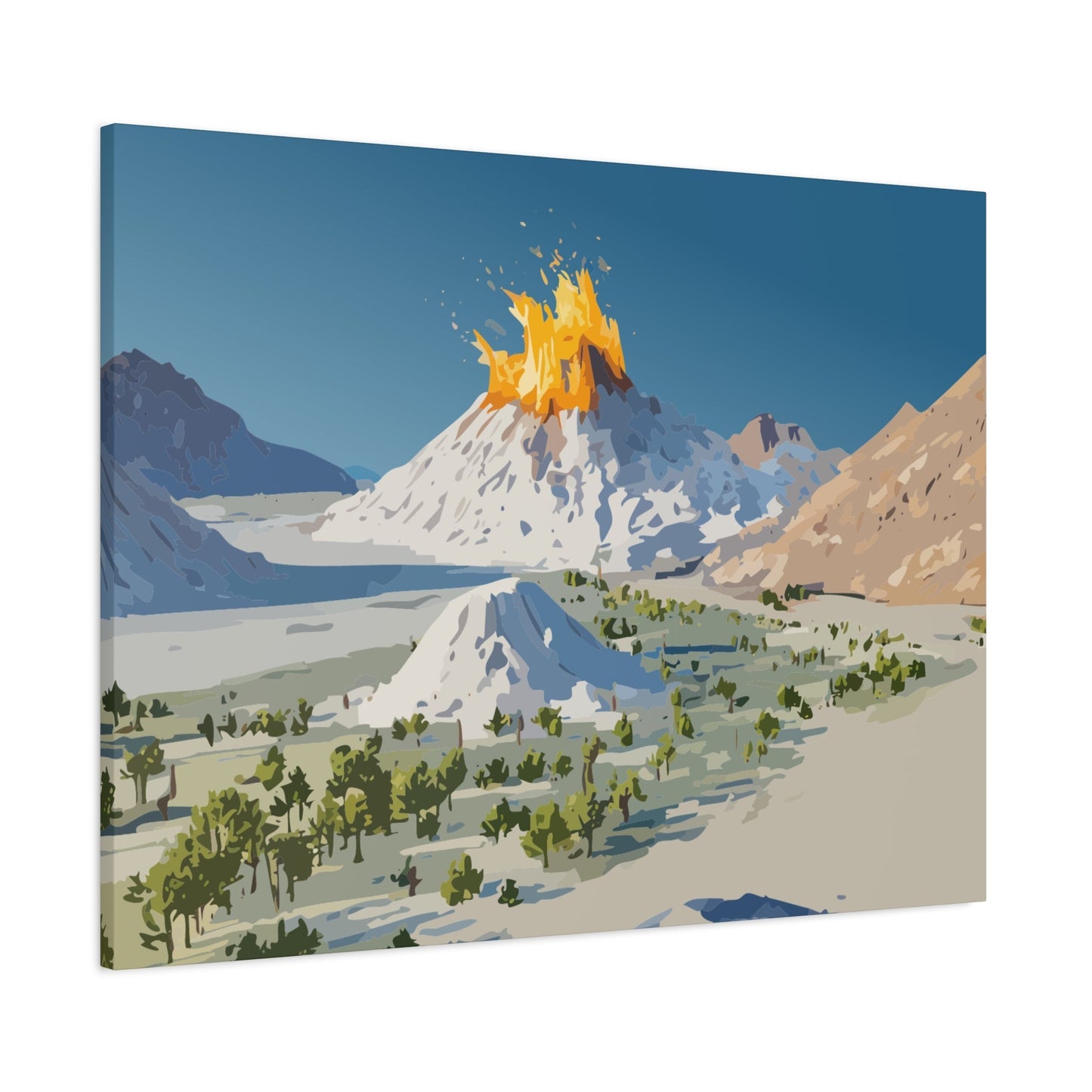 Tropical Volcano Eruption Canvas Wall Art | Stylized National-Park Vector Print on FSC-Certified Stretched Matte Canvas — Mystery Island Decor