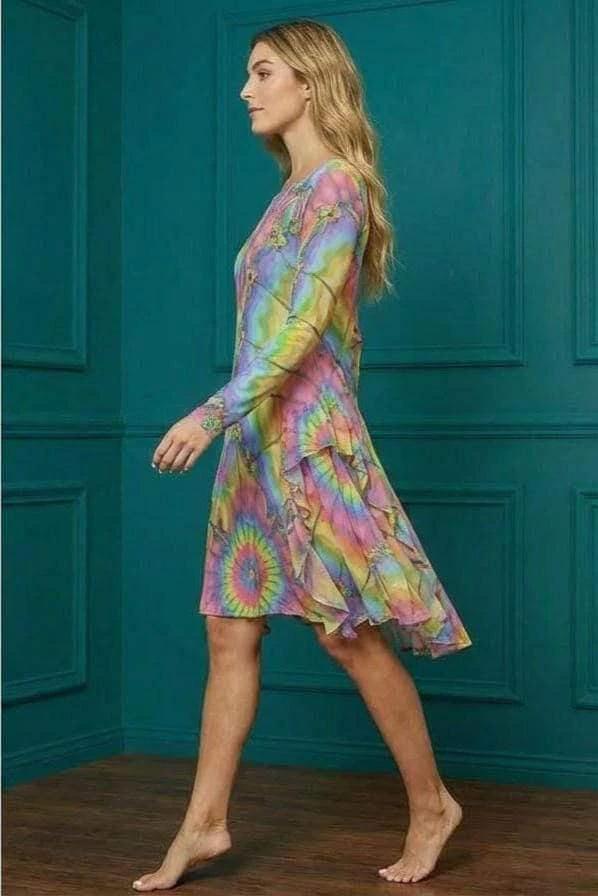 Tie-Dye Cotton Midi Dress - Radial Pastel Long Sleeve Boho Gown